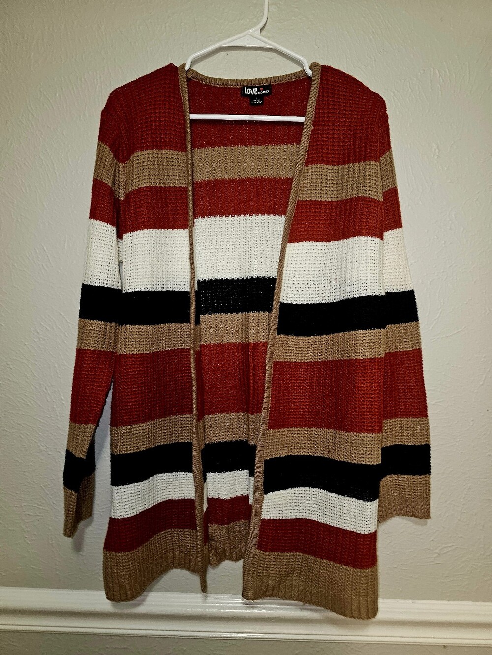 Chesley Red, Cream, Black & Tan Striped Open-Front Cardigan
